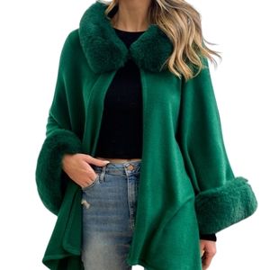 Emerald Green Faux-Fur Trim Cape Coat - Women